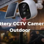 Battery CCTV camera outdoor installed on house wall monitoring driveway at night