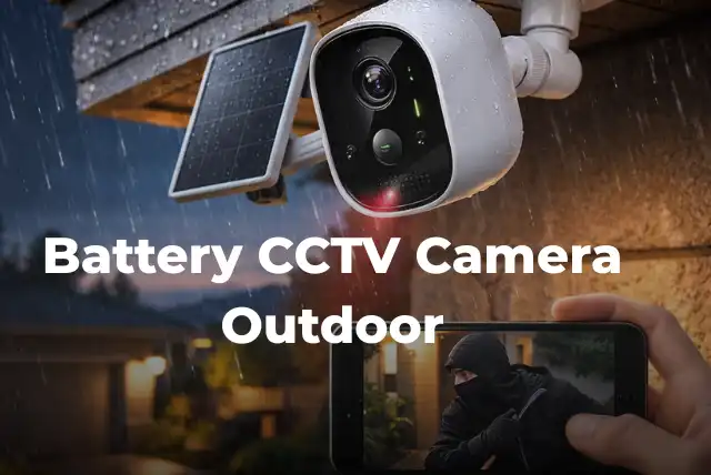 Battery CCTV camera outdoor installed on house wall monitoring driveway at night